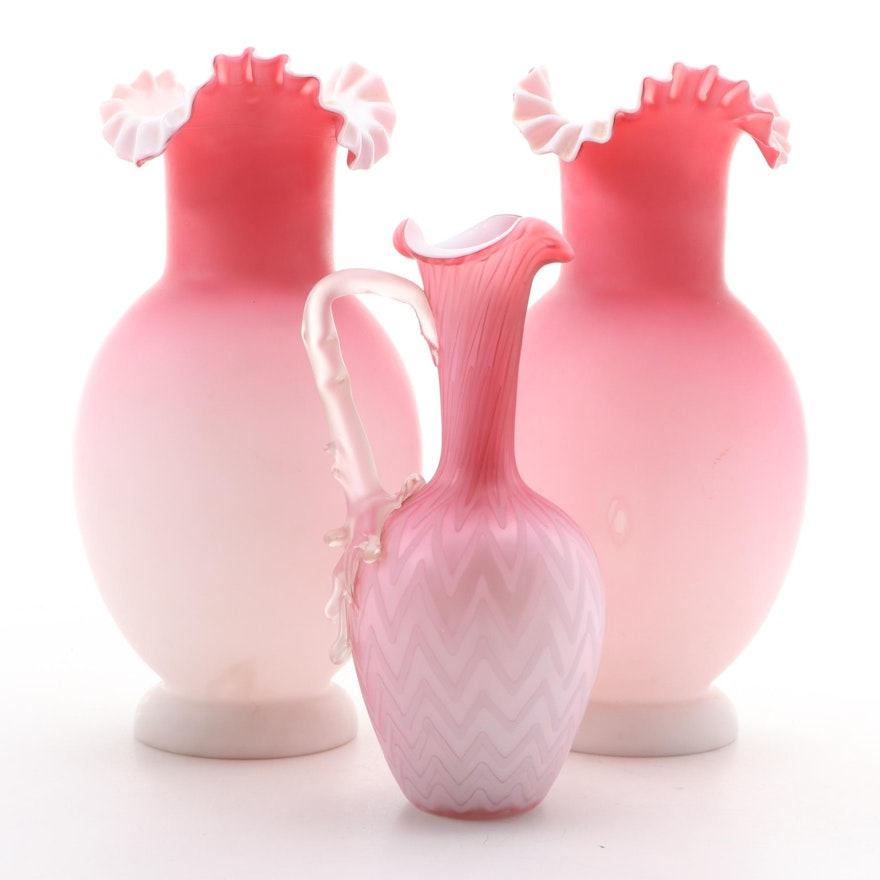 Cased Pink Fade to White Satin Glass Ruffled Edge Vases and Pitcher