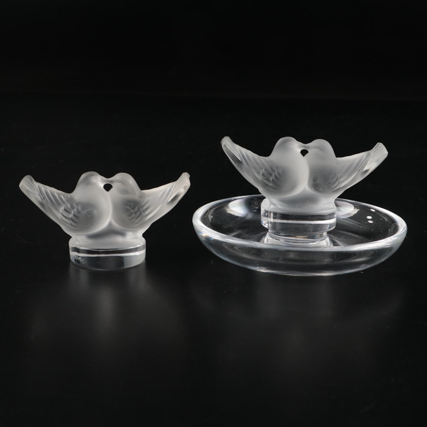 Lalique "Colombes" Frosted and Clear Crystal Pin Tray and Seal