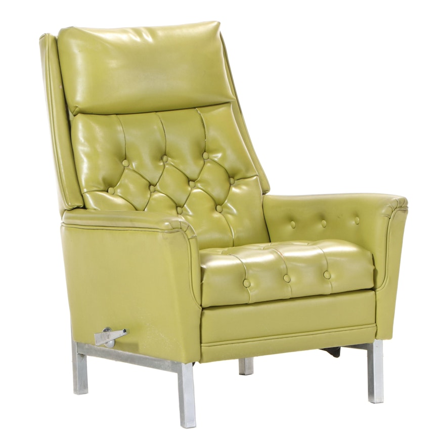 La-Z-Boy Modernist Button-Tufted Green Vinyl and Chrome Recliner, circa 1972