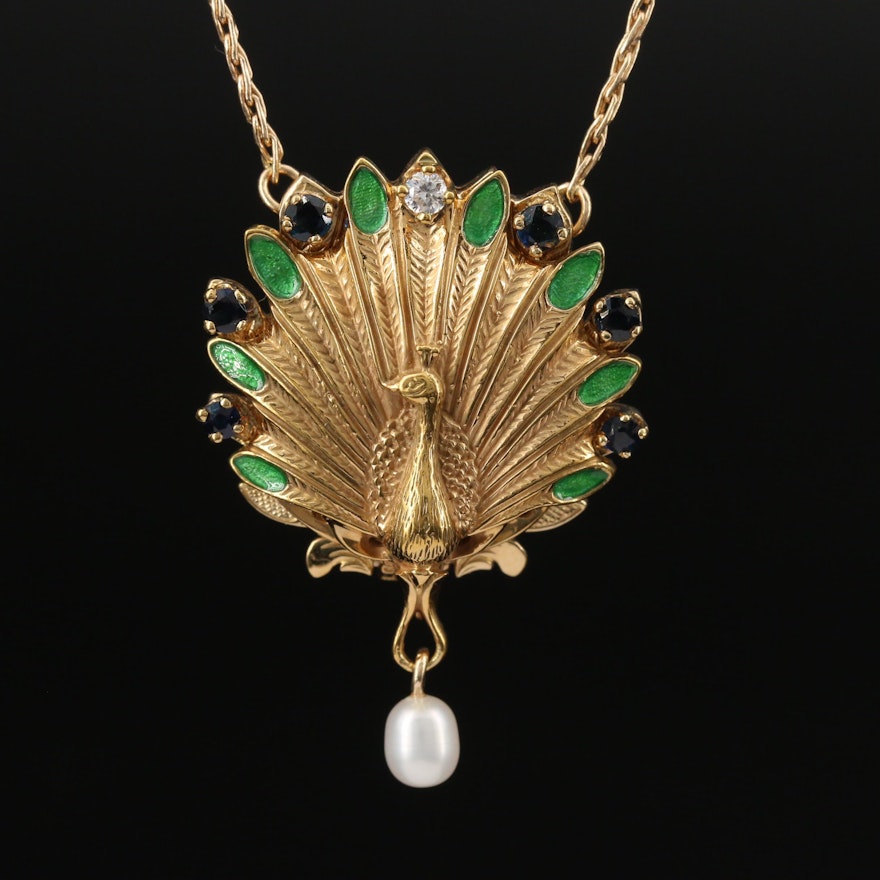 Igor Carl Fabergé 14K Diamond, Sapphire and Emerald Peacock Pendant Watch