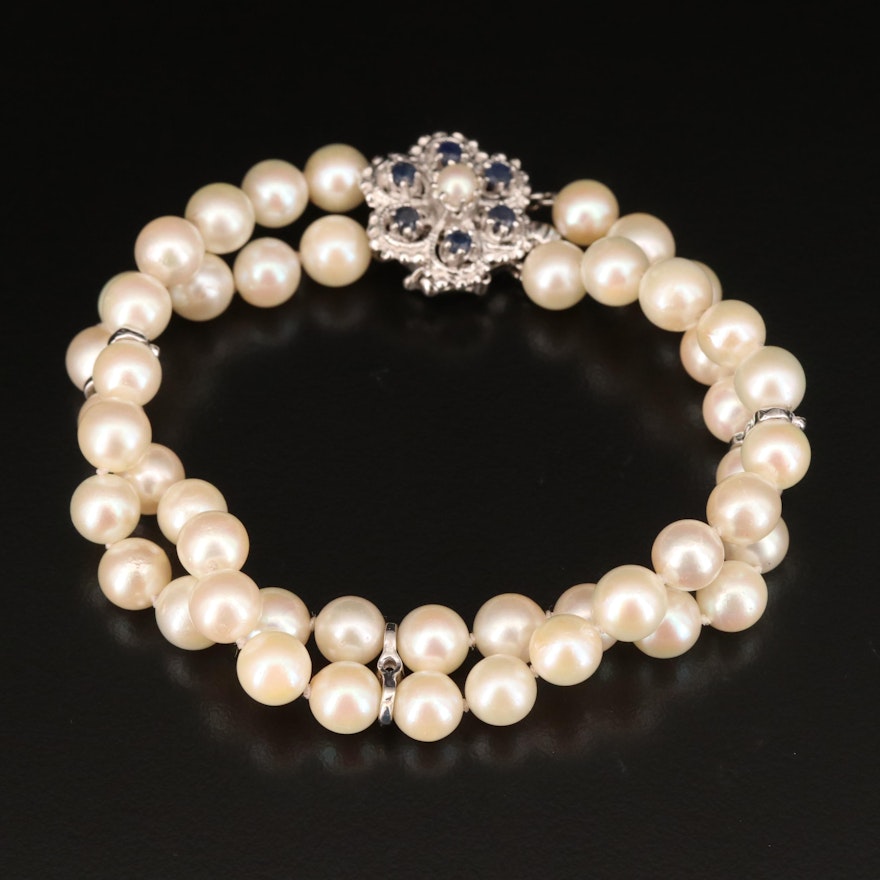 Vintage 14K Pearl and Sapphire Double Strand Bracelet