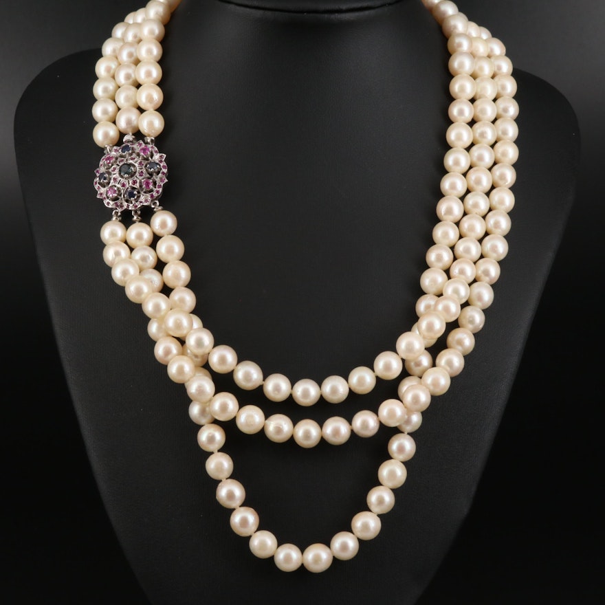 Multi Strand Pearl Necklace with 10K Sapphire Clasp