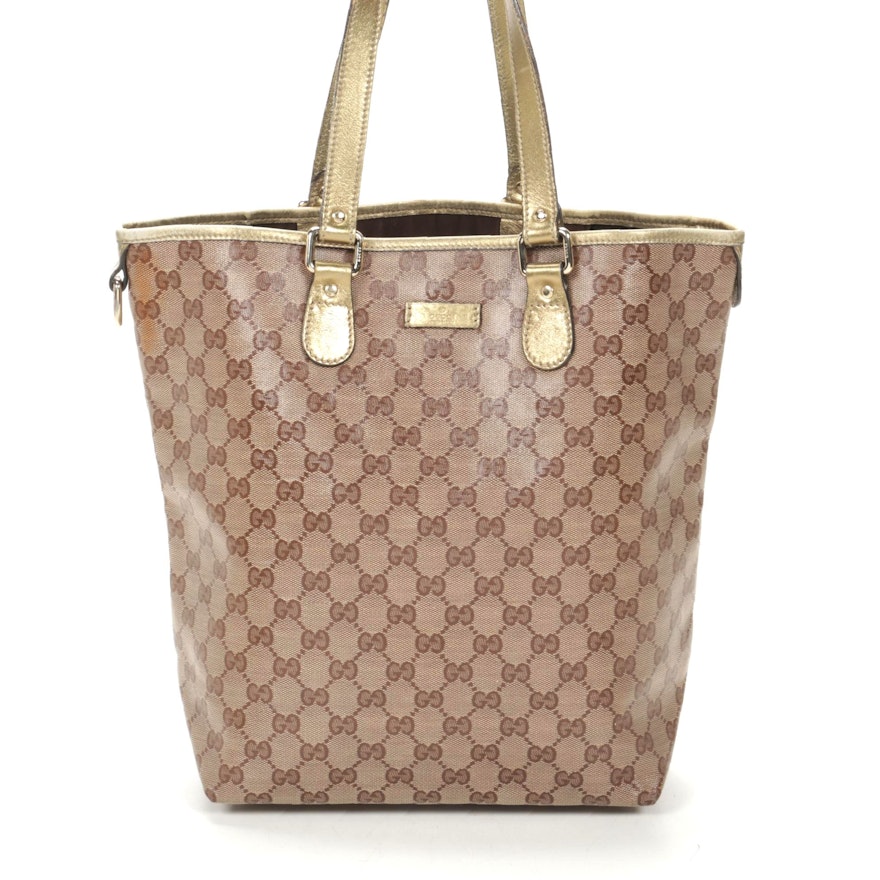 Gucci Tote in GG Crystal Canvas and Metallic Gold Leather