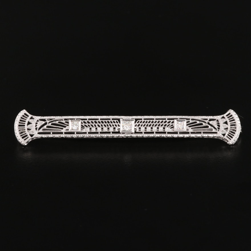 Art Deco Egyptian Revival 14K Diamond Bar Brooch with Platinum Top