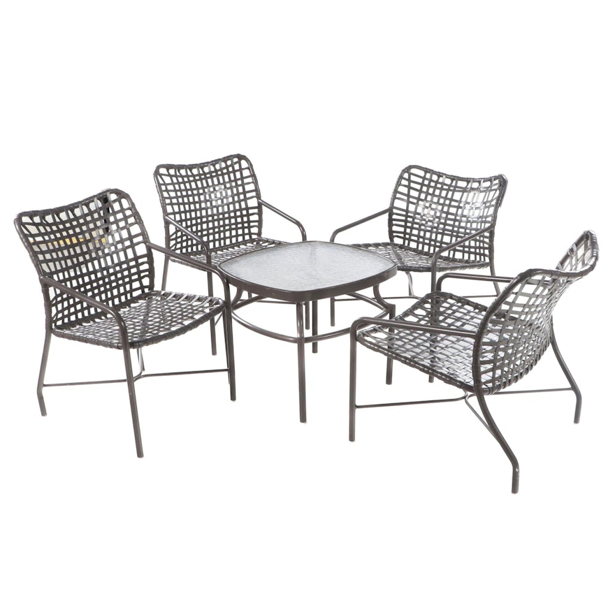 Four Metal Framed Patio Chairs with Glass Top End Table