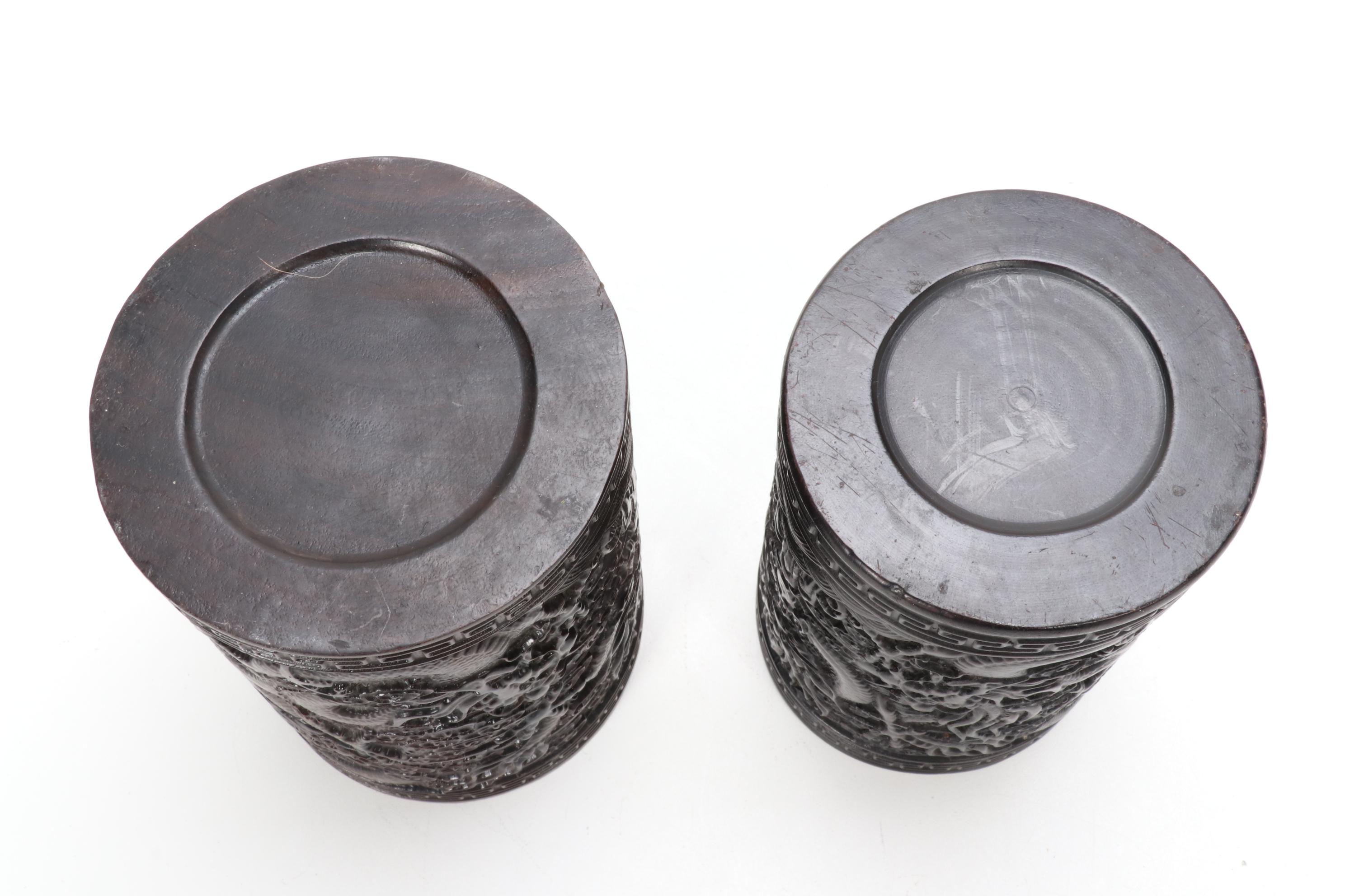 Chinese Carved Hardwood Dragon Motif Brush Pots