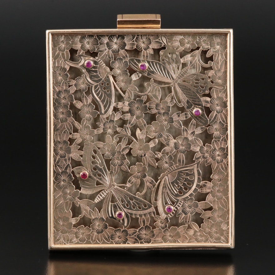 Circa 1940s Boucheron Sterling Ruby Compact with Butterfly and Flower Design