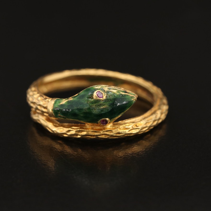 Italian FOMA 18K Enamel Snake Ring with Ruby Eyes