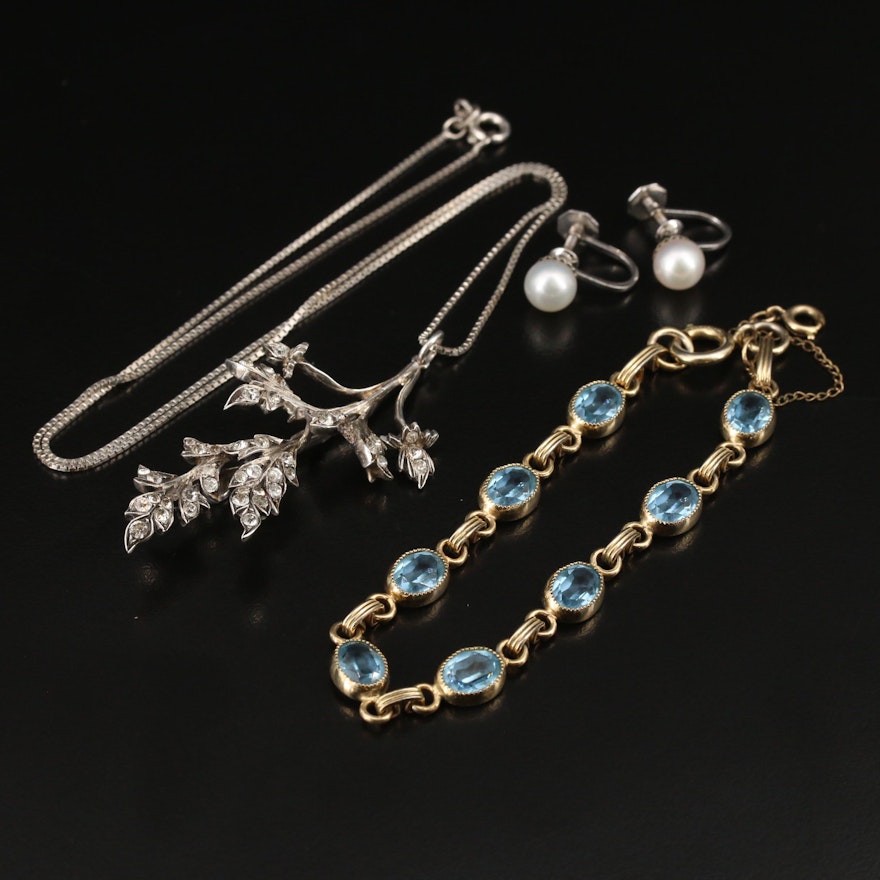 Rhinestones Jewelry Featuring 9K Pearl Earrings and Sterling Silver