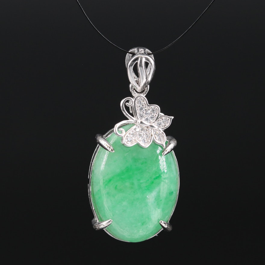 Sterling Jadeite Pendant with Cubic Zirconia Butterfly Accent