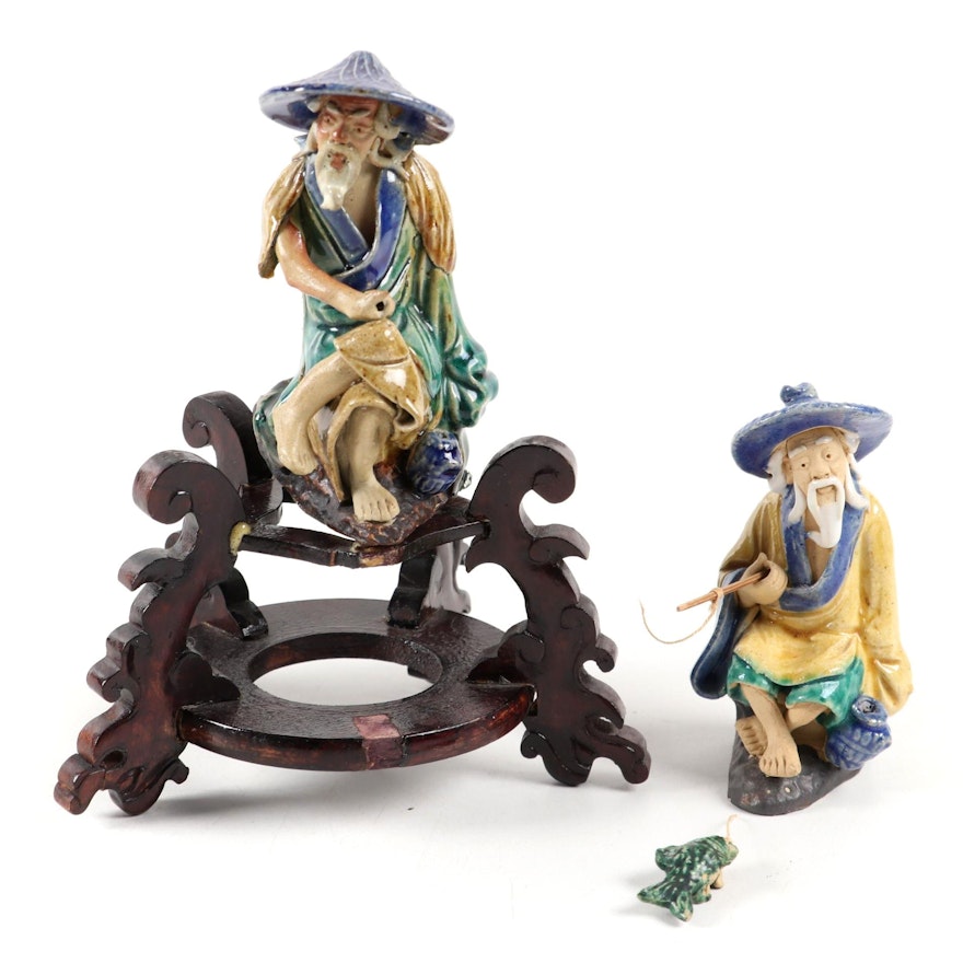 Chinese Schiwan Ware Fisherman Figurines with Wooden Stand, Late 20th Century