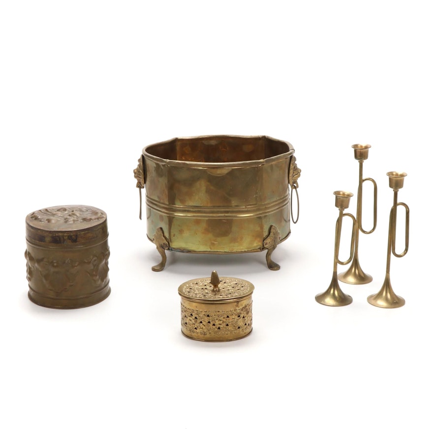 Brass  Horn Shaped Candlesticks and Decorative Vessels, Late 20th Century