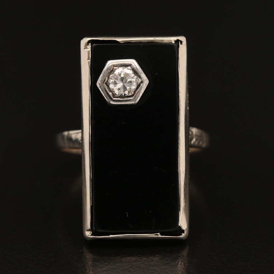 Art Deco 14K Black Onyx Ring with Diamond Accent