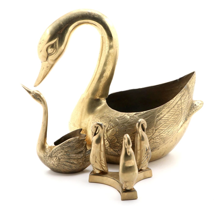 Brass Swan Shaped Planters and Figurines, Mid to Late 20th Century