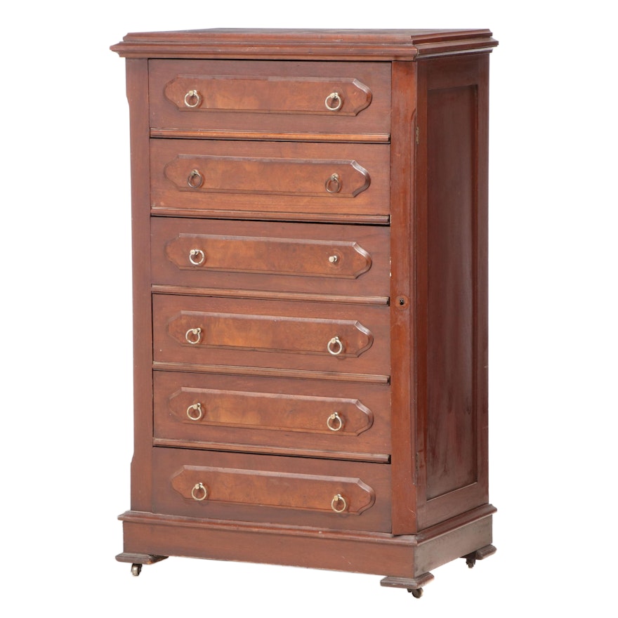 Victorian Walnut and Burl Walnut Lockside Chest of Drawers, Late 19th Century