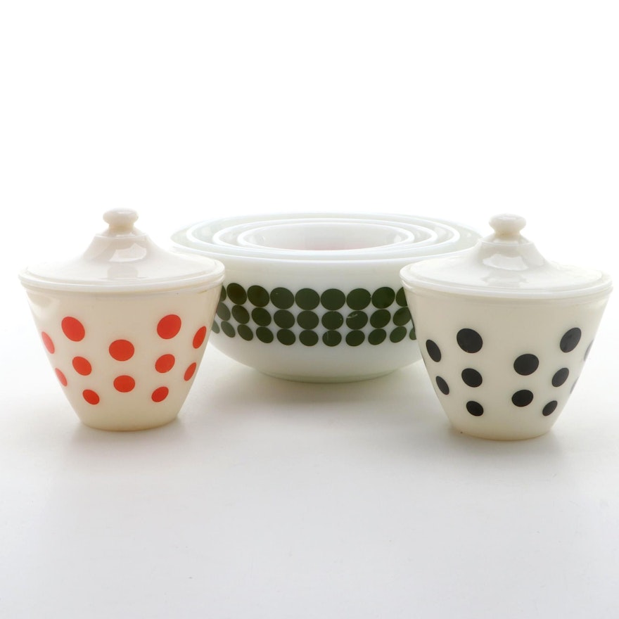 Pyrex "New Dot" Mixing Bowls with Anchor Hocking Fire King "Dot" Drip Jars