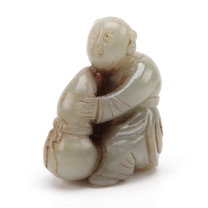 Chinese Carved Nephrite Man Holding a Wine Gourd Figurine