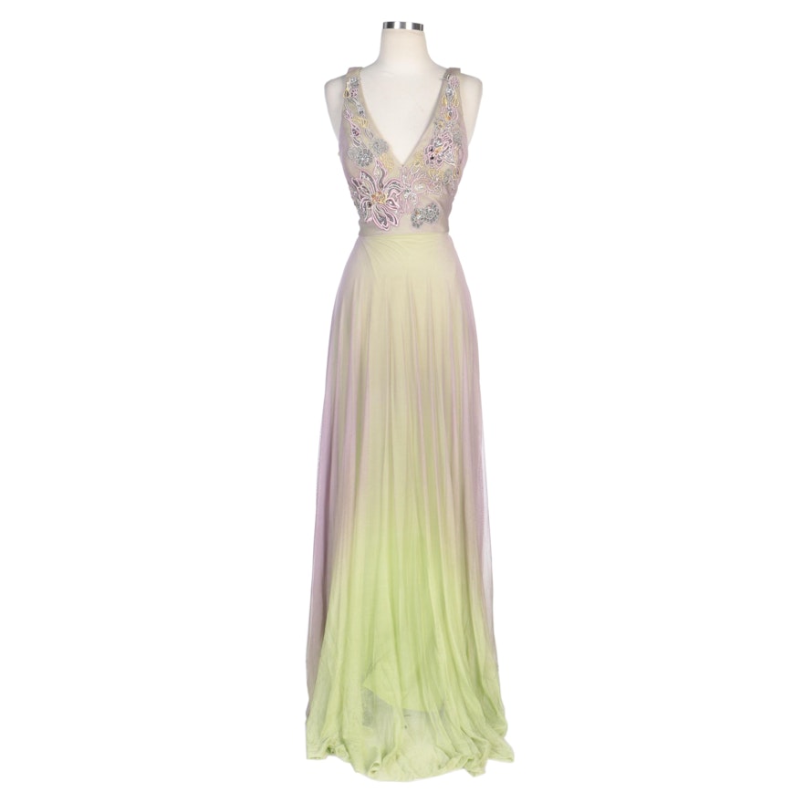 Alberto Makali Lilac and Citron Ombré Embellished Silk Evening Dress with Wrap