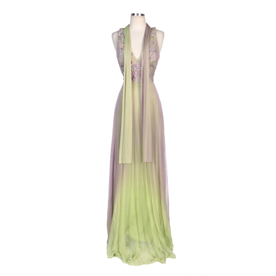 Alberto Makali Lilac and Citron Ombré Embellished Silk Evening Dress with Sash