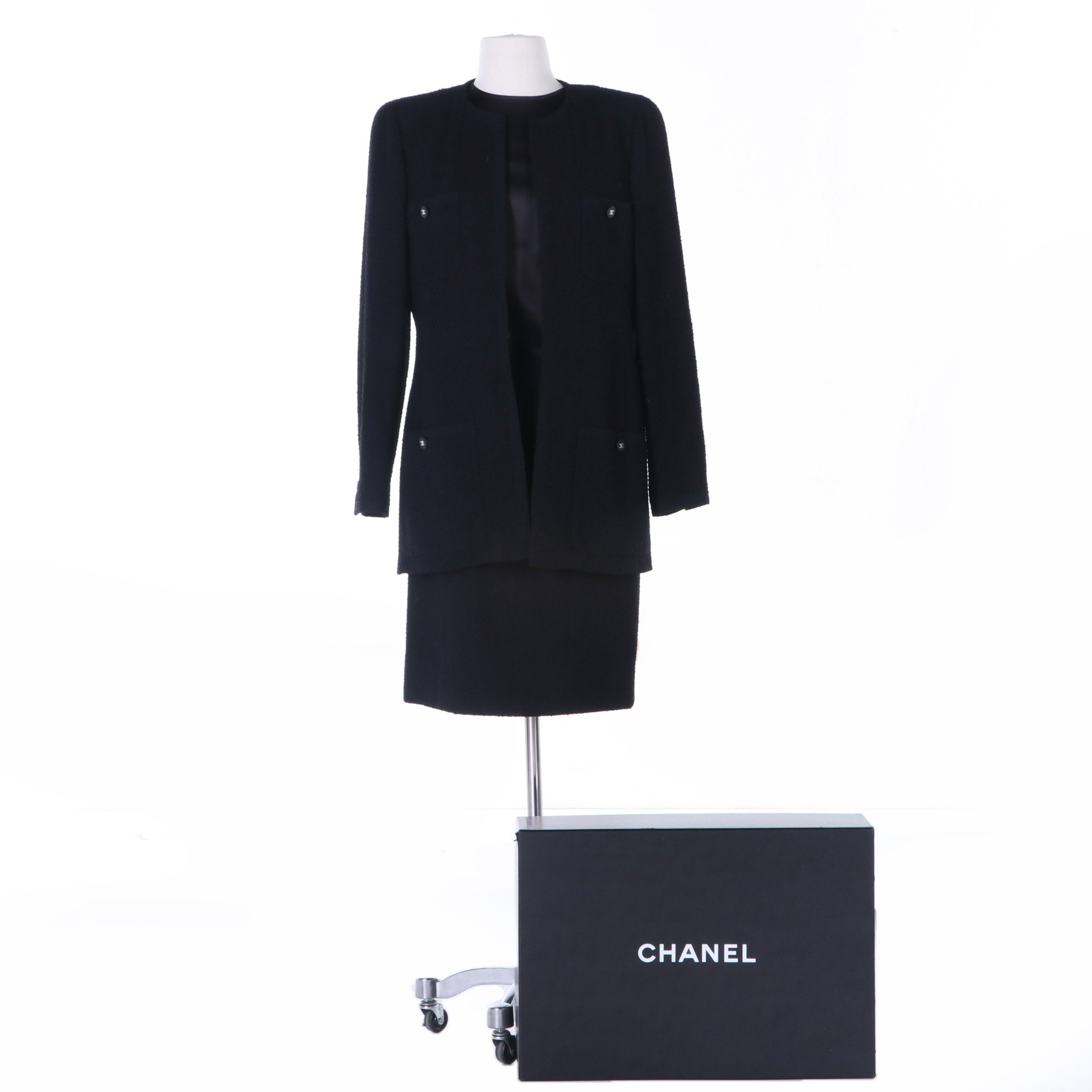 Chanel Boutique Black Bouclé Wool Skirt Suit with Black Silk Blouse | EBTH