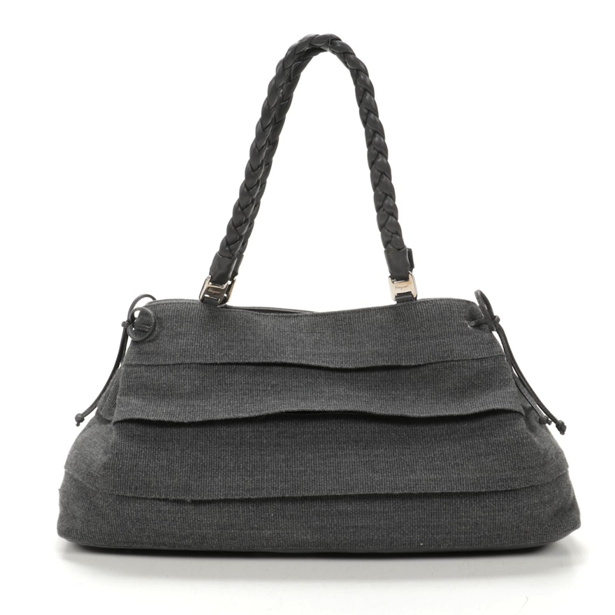 Salvatore Ferragamo Wool Tote with Black Leather Trim and Braided Straps