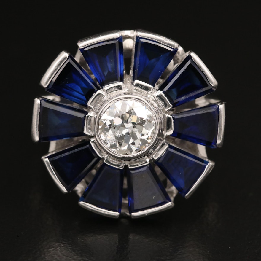 14K Diamond and Sapphire Floral Ring with Platinum Setting