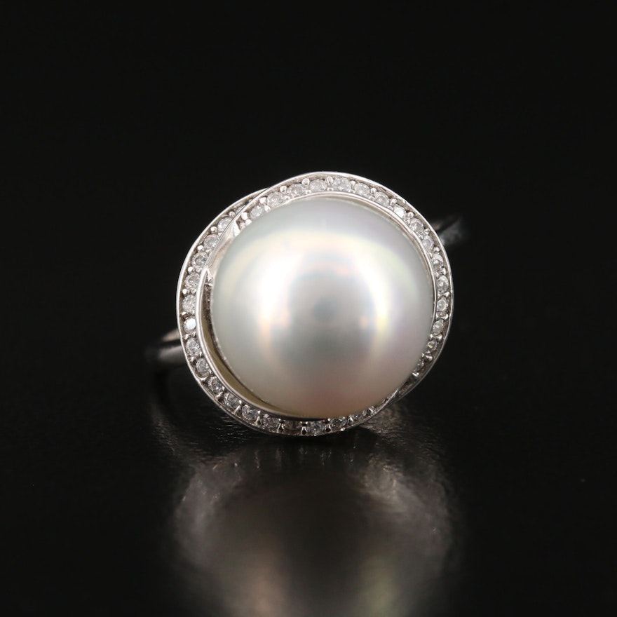 Sterling Silver Pearl Ring with Overlapping Cubic Zirconia Halos