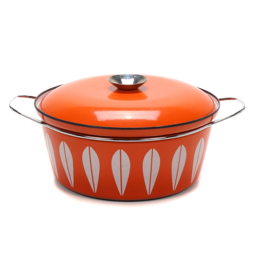 Cathrine Holm  Orange "Lotus" Enamelware Dutch Oven, Mid-20th Century