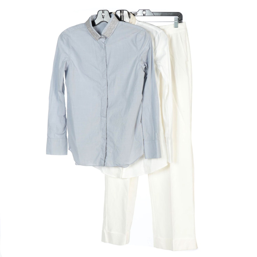 Brunello Cucinelli Long-Sleeve Shirts and St. John White Cuffed Trousers