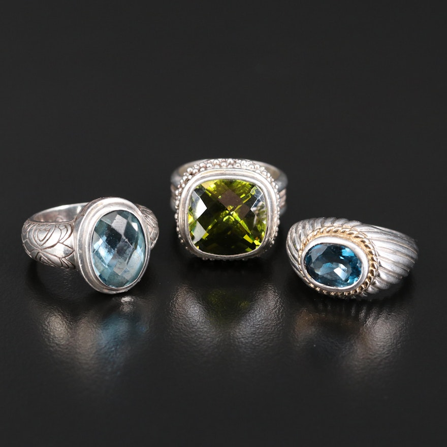 Sterling Bezel Set Gemstone Rings with Topaz, Cubic Zirconia and Glass