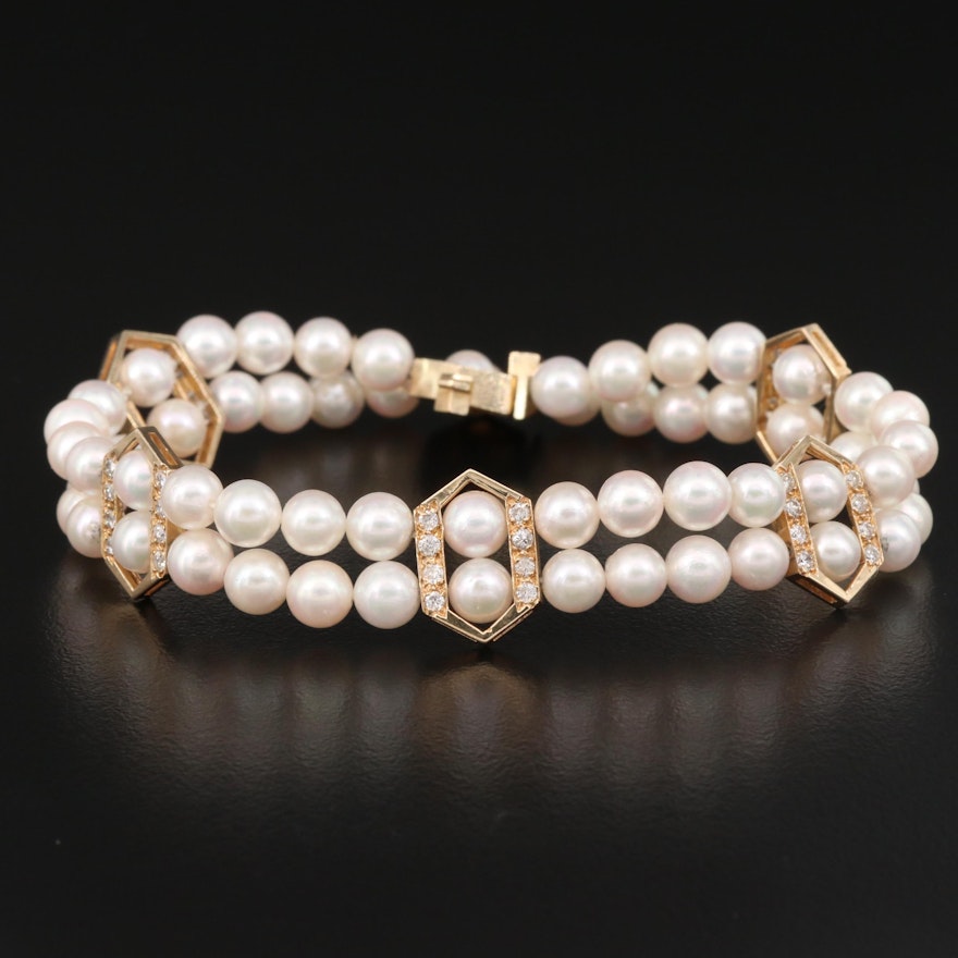 14K 1.00 CTW Diamond and Pearl Double Strand Bracelet