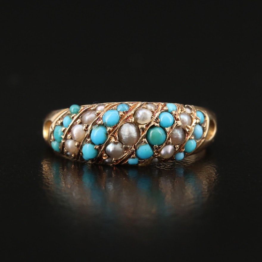 14K Turquoise and Seed Pearl Multi-Row Ring