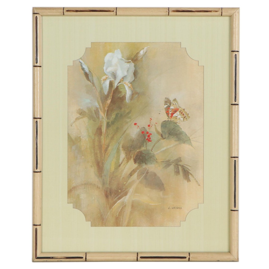 L. Gaydos Offset Lithograph of White Iris and Butterfly