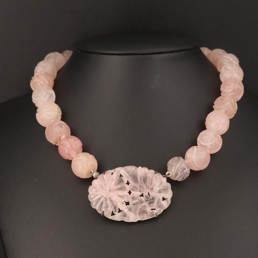 Sterling Rose Quartz Floral Necklace