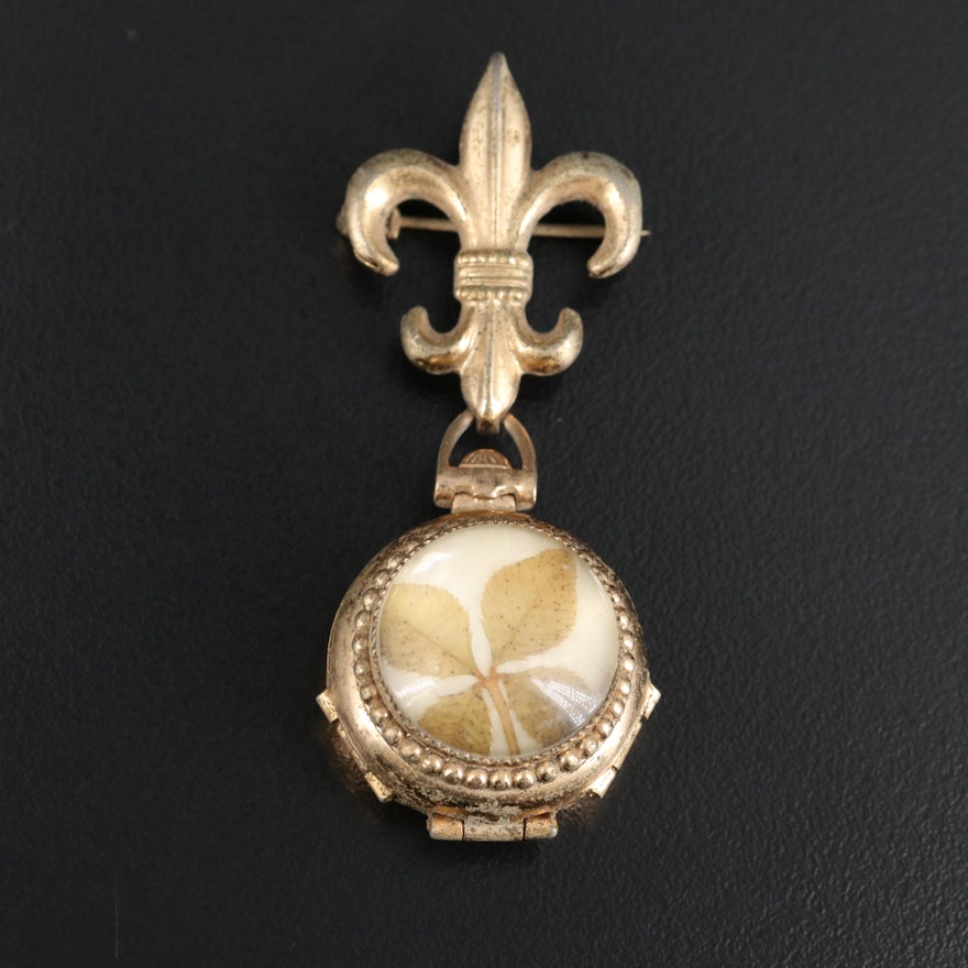 Vintage Coro Locket Featuring Pressed Four Leaf Clover