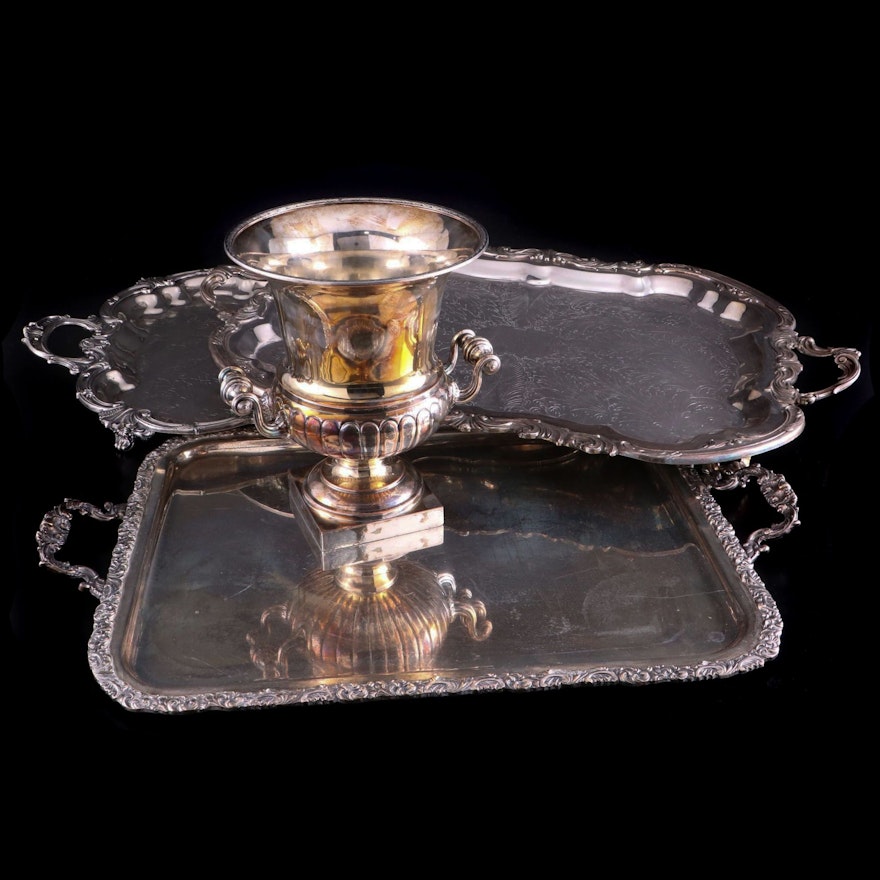 Silver Plate Urn and Serving Trays, Mid to Late 20th Century