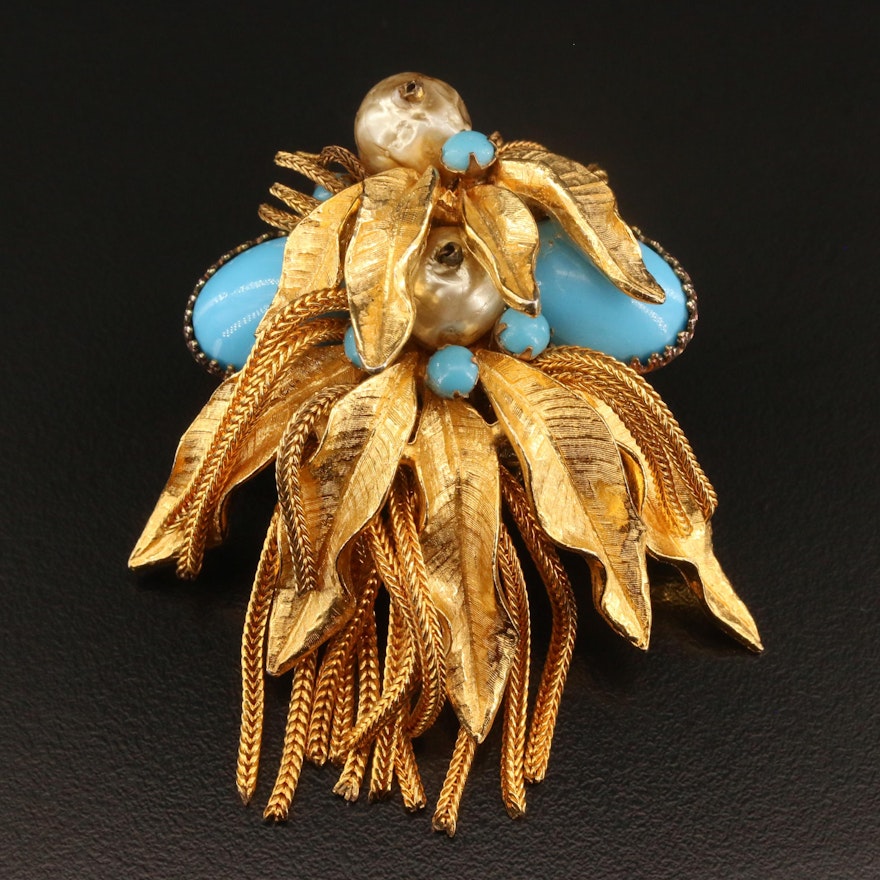 Circa 1950 Robert DeMario Faux Pearl and Faux Turquoise Brooch