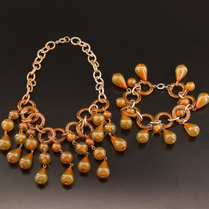 Circa 1940s Bakelite Fringe Necklace and Bracelet Set