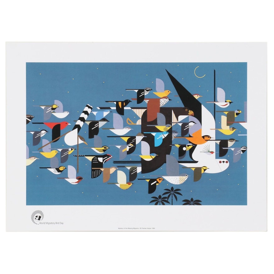 Offset Lithograph after Charley Harper "Mystery of the Missing Migrants"