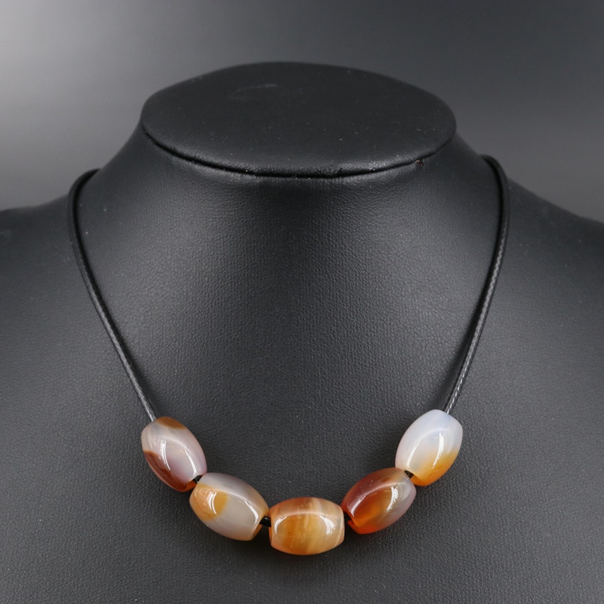 Agate Bead on Leather Cord Necklace