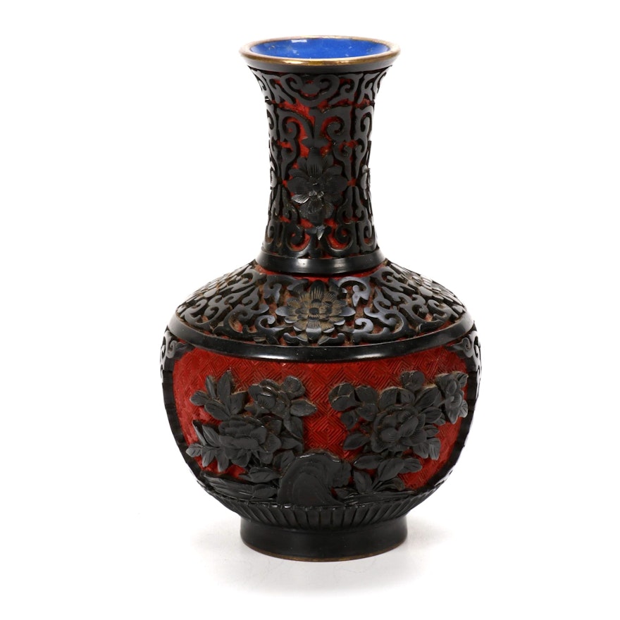 Chinese Carved Black Lacquerware and Enamel Vase, Early-Mid 20th Century