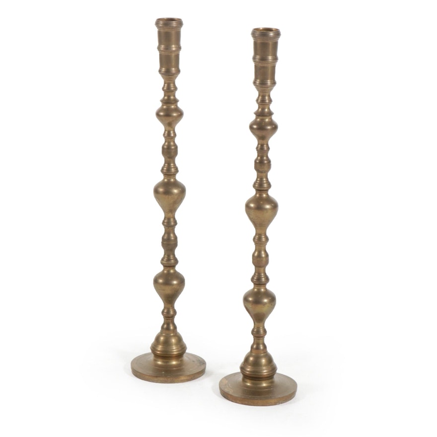 Brass Altar Pillar Candlesticks, Mid-20th Century