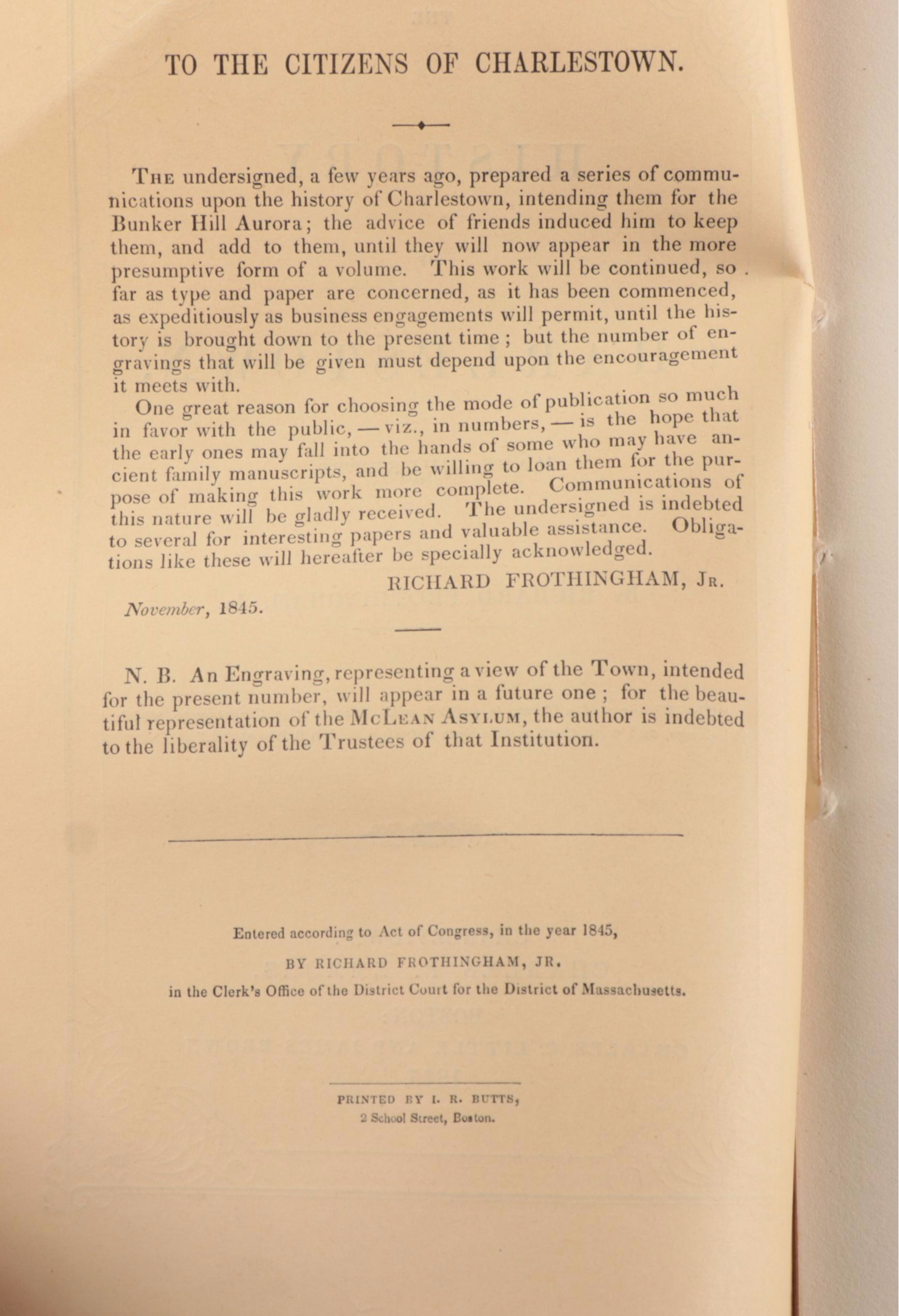 Richard Frothingham's "The History of Charlestown, Massachusetts" First Editions