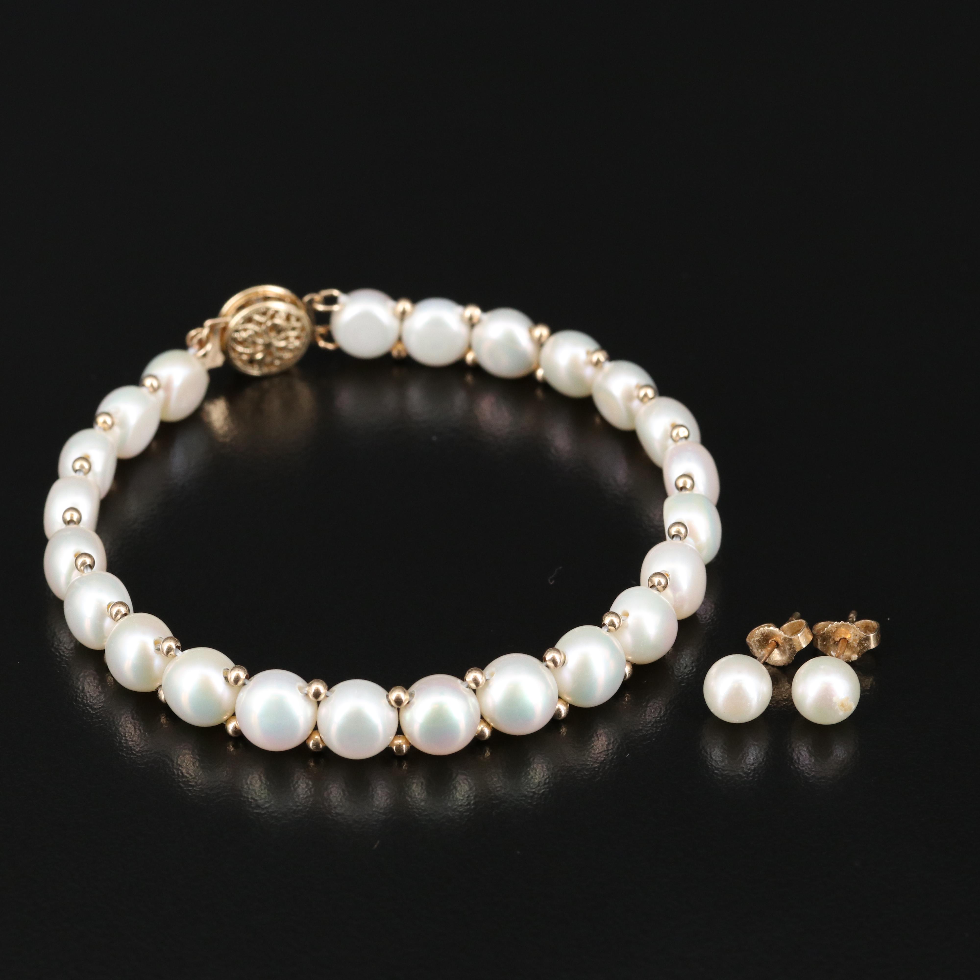 14K Pearl Bracelet and Earring Set
