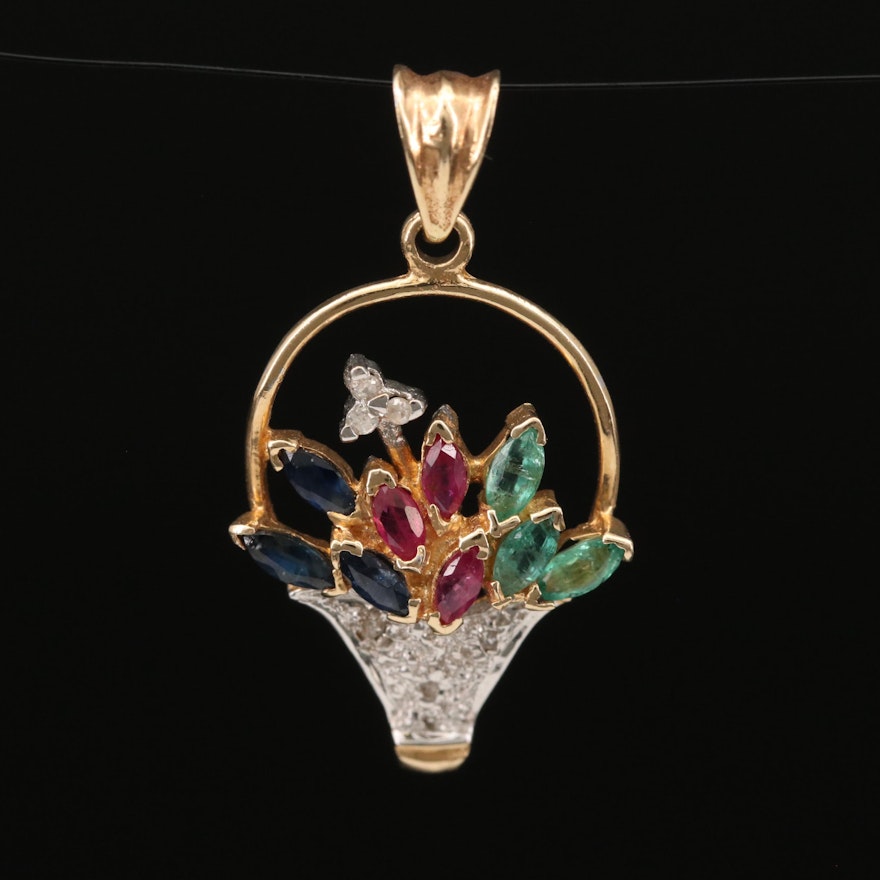 14K Flower Basket Pendant with Ruby, Emerald, Sapphire and Diamond