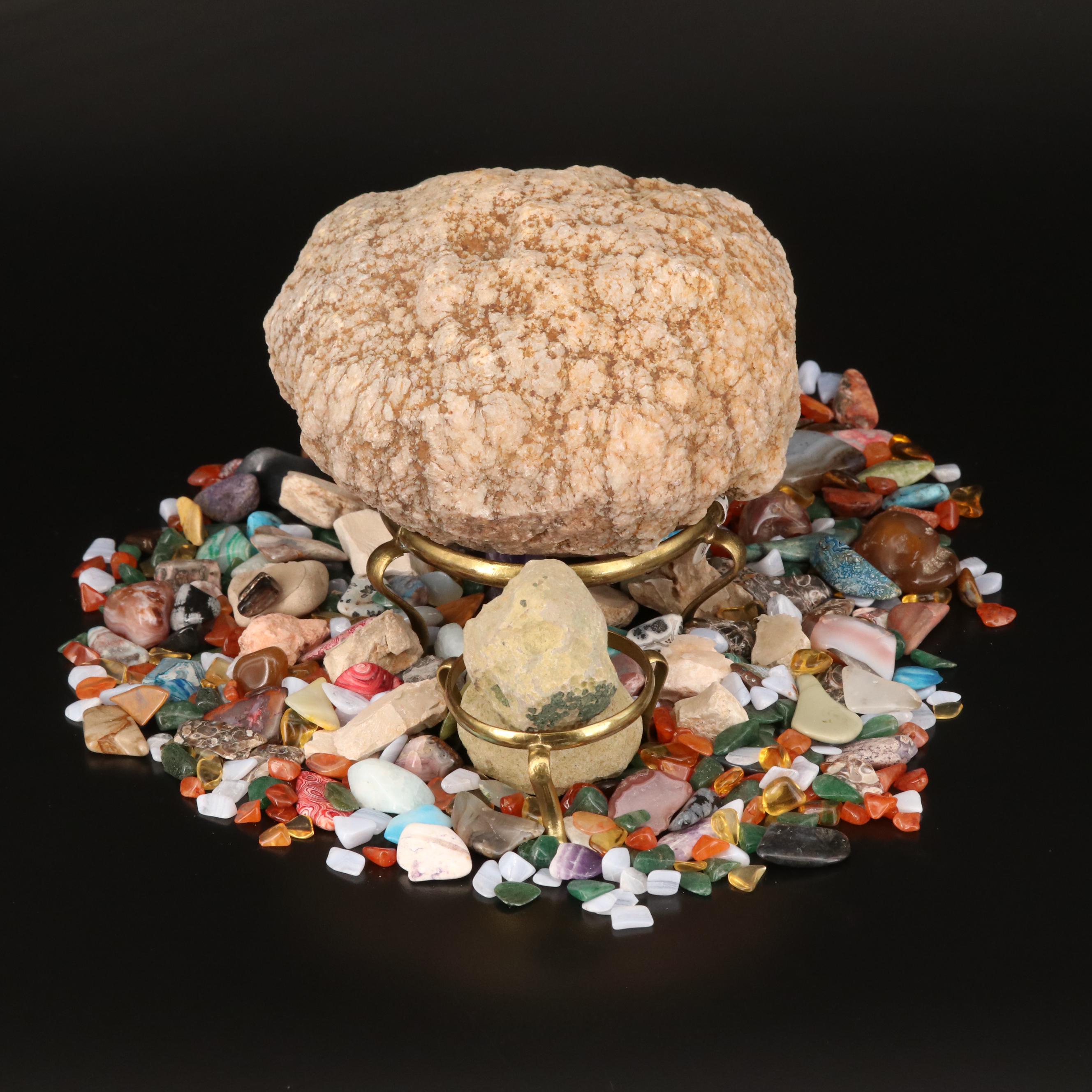 Polished and Rough Gemstones Including Tiger's Eye, Turquoise, Jasper, and More