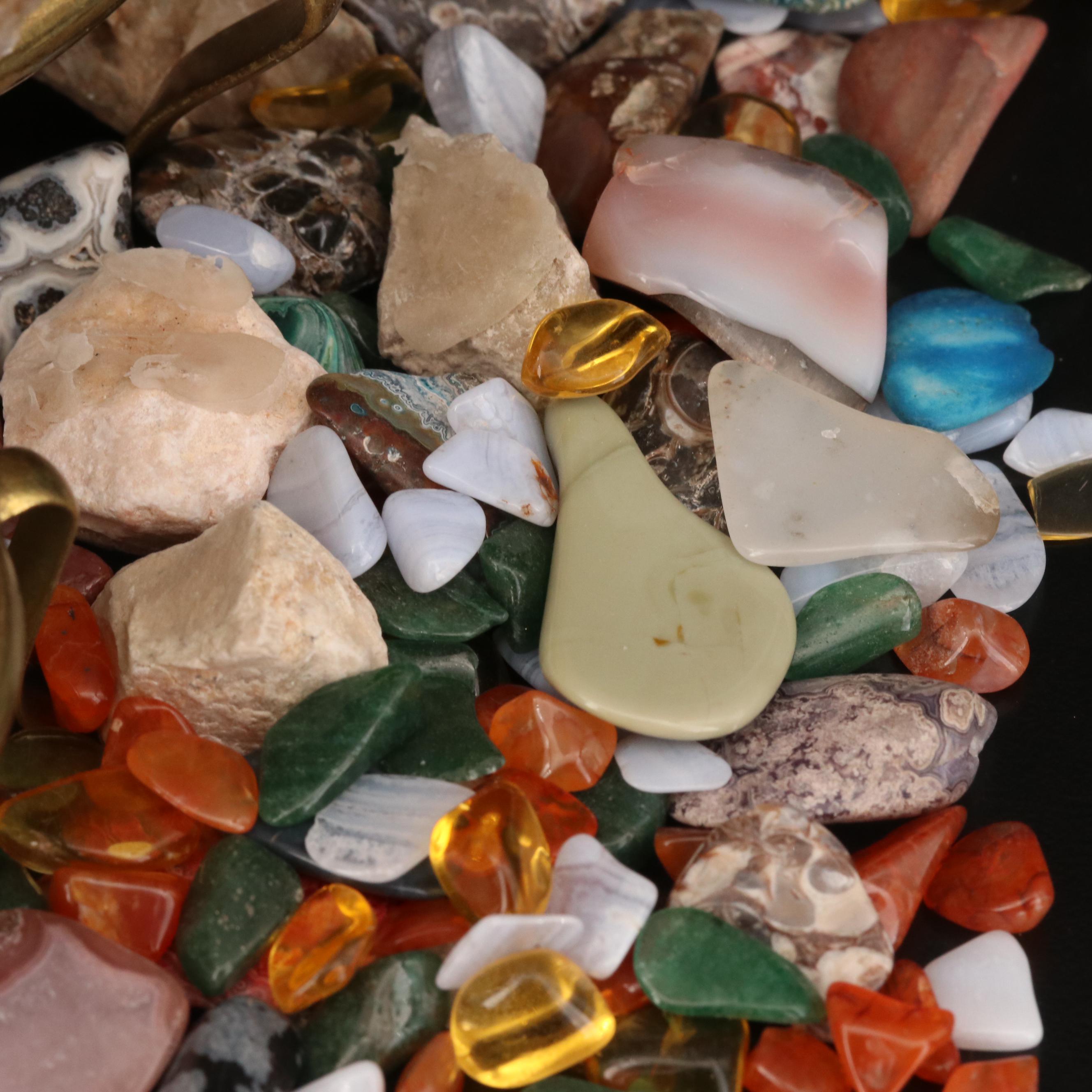 Polished and Rough Gemstones Including Tiger's Eye, Turquoise, Jasper, and More