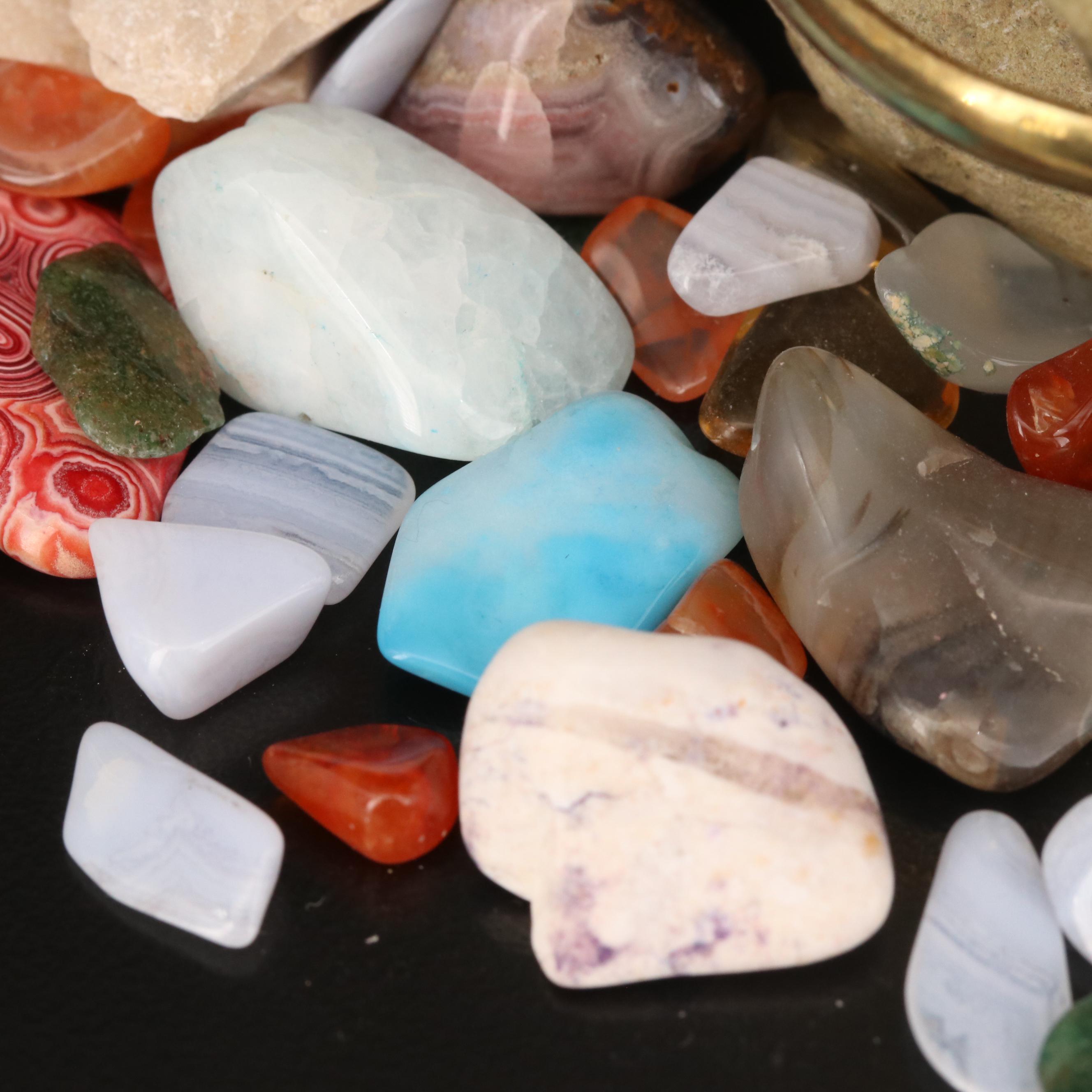 Polished and Rough Gemstones Including Tiger's Eye, Turquoise, Jasper, and More