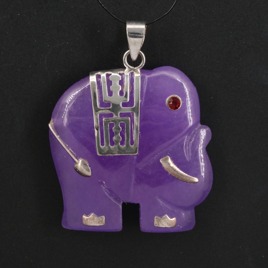 Sterling Carved Quartz Elephant Longevity Pendant