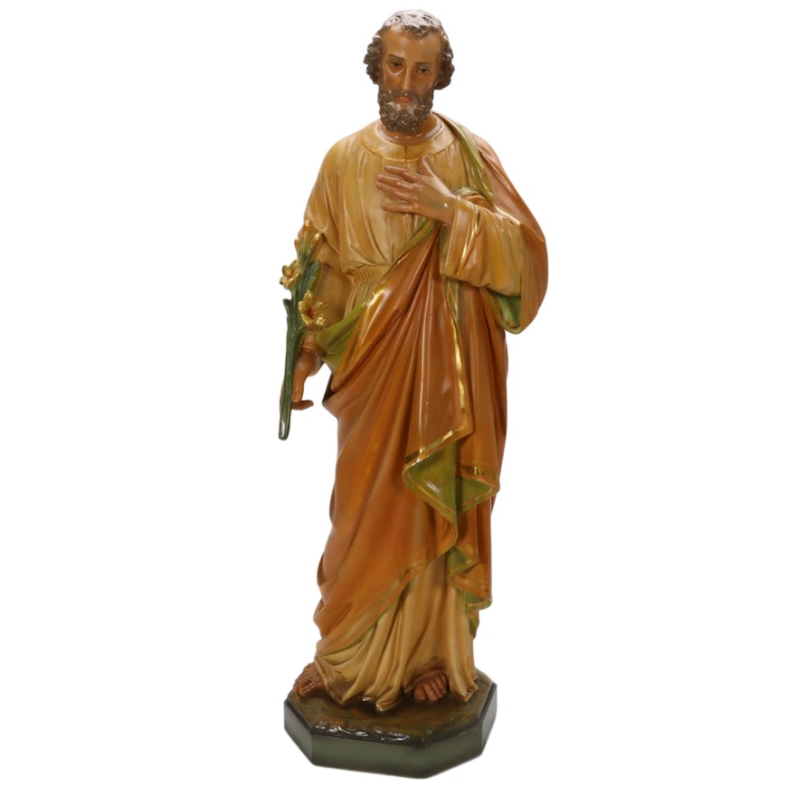 Hand-Painted Chalkware Sculpture of St. Joseph Holding Lilies